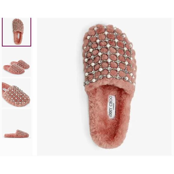Jimmy Choo Fancy Crystal Blush Pearl Shearling Mules Slippers Size 6 NWT - Picture 9 of 9
